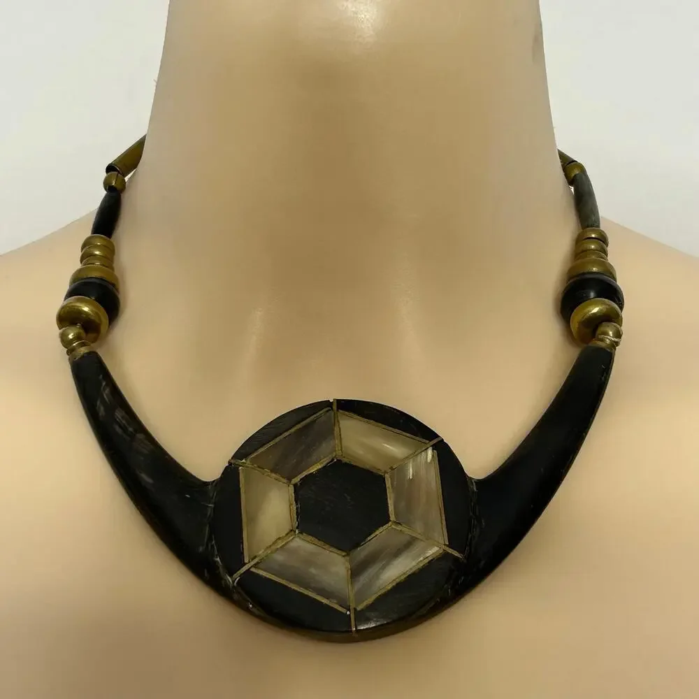 Artisan wood Statement Necklace Black Brown Geometric Inlay Tribal Boho 20”